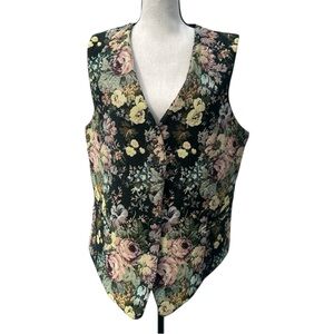 Vintage 90s Karen Scott Black Floral Needlepoint Tapestry Vest Sz L